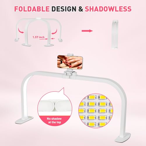 HITTI Half Moon Light for Nail Desk with 5X Magnifier, 30" Foldable LED Arch Tech Lamp with Phone Holder for Manicure, Handicraft, Art, Eyelash Extension - 3 Color Modes & 10 Brightness, Home & Salon - color: White