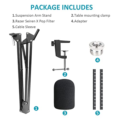 Razer Seiren X Mic Boom Arm Stand with Pop Filter, Compatible with Razer Seiren X USB Microphone with Cable Sleeve by SUNMON