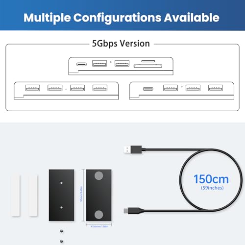 EJAY Magnetic USB 3.0 Hub, 4-Port Desk Mount USB Hub with 59in Data Cable, Industrial-Strength Magnetic Hub to Attach to a Desk/PC Case, Powered USB 3.0 Hub for PC, Mac, Desktop, Black - color: Black