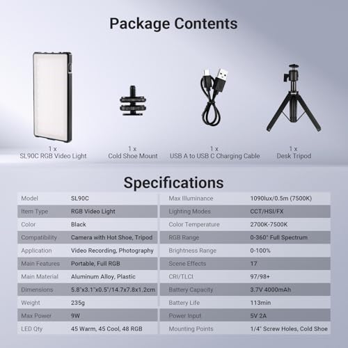 NEEWER Basics Full RGB Camera Video Light with Desk Tripod Stand, 8W CRI97 2700K-7500K 17 Scenes 4000mAh Portable Metal Small LED Panel Lighting for DSLR Streaming Photography Video Recording, SL90C