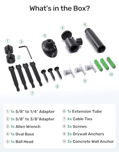 Microphone Wall Mount Bracket with Ball Head, 360° Swivel Mic Mount with 5/8"-27, 1/4" & 3/8" Screw Adapters, Flange & Ceiling Mount for Mics, Webcams and Lights, Ideal for Studio, Podcasting, Church