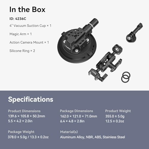 SMALLRIG 4" Camera Suction Mount with Ball Head Magic Arm, Car Mount for Lightweight Camera/Action Camera/Phone, Air Pump Vacuum Suction Cup, Max Load 3kg/6.6 Pound - 4236