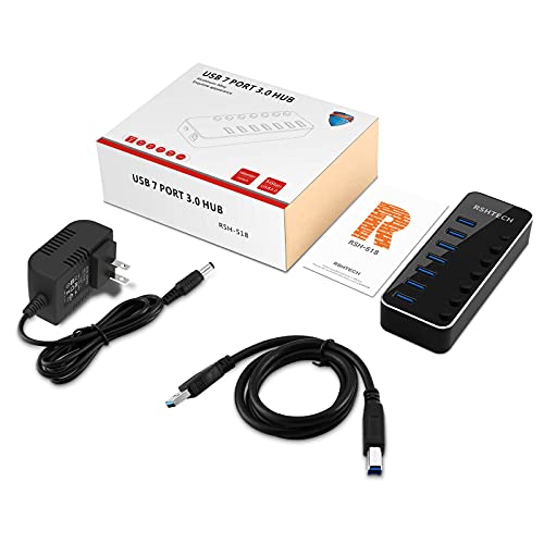 USB 3.0 Hub, RSHTECH 7 Port Powered USB Hub Expander Aluminum USB 3.0 Data Port hub with Universal 5V AC Adapter and Individual On/Off Switches USB Splitter for Laptop and PC(Black) - size: 518-2A