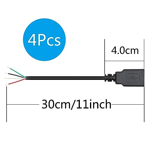 4Pcs Short USB A Female to 4 Pin Bare Wire 11inch, USB 5V/2A 4 Pin Pigtail Open End Power and Data Cable, for Equipment Installed or Replacement Repair DIY Cable - style: USB A Female - 4Pcs