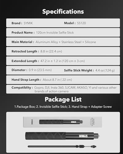 SYMIK Invisible Selfie Stick for Insta360 120cm / 47.2 in, 360 Camera Stick | Aluminum Alloy Extension Selfie Stick, with 1/4'' Screw and Wrist Strap for Insta 360 X5 X4 Air X3 ONE X2, DJI Osmo 360 - size: 120 cm / 47.2 in