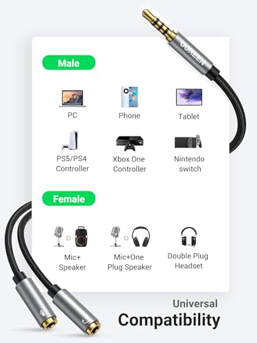 UGREEN Headphone Splitter 3.5mm 2 Female to 1 Male Mic and Audio Y Splitter TRRS Headset Adapter Cable Stereo Compatible with Switch 2/PS4/PS5 Steam Deck Xbox PC Laptop Phone Tablet Gaming