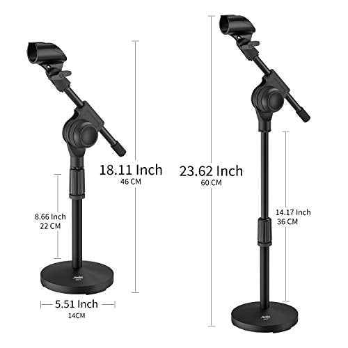 Moukey Mic Stand Desk Adjustable Tabletop Microphone Stand with Non-Slip Mic Clip, Short Table Mic Stand with Gear Fixing, Boom Arm, 3/8" and 5/8" Adapter, MMs-5