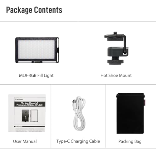 Moman Portable LED Video Light, Aluminum Alloy On-Camera Light, Built-in Battery & USB-C Charging, 2500K-8500K RGB Dimmable, CRI 96+ Photography Fill Light with 1/4" Screw for DSLR, Vlog, YouTube - size: ML9R without diffuser