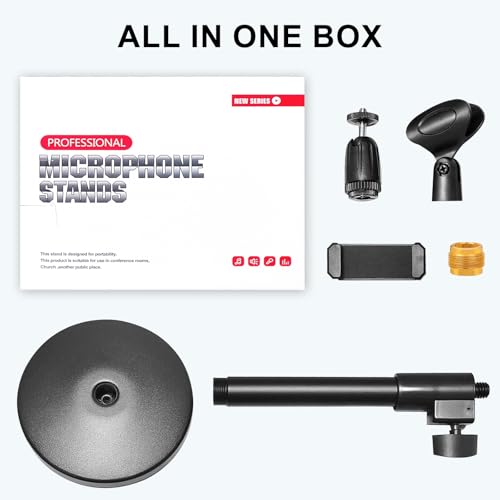 2 In 1 Desktop Microphone Stand, Upgraded Metal Round Base Adjustable Mic Stand with Micphone Clip, Cellphone Clip and 5/8" Male to 3/8" Female Screw for Table Desk Interviews, Black