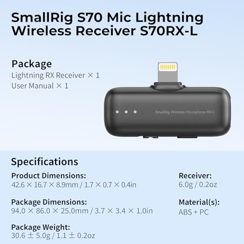 SMALLRIG S70 Mic Lightning Wireless Receiver S70RX-L for iPhone/for iPad, Professionally Tuned by Grammy Winner for Broadcast-Quality Sound in Vlogging, Live Streaming & Content Creation (Black) - color: Black