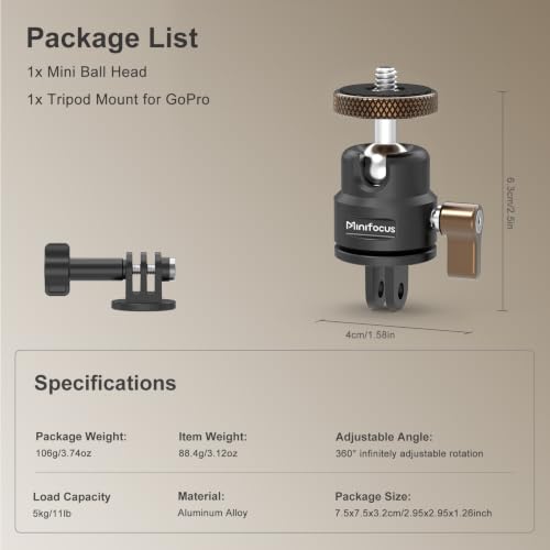 Mini Ball Head, Aluminum Vertical Bracket Tripod Adapter, 360° Rotation Camera Tripod Swivel Mount, 1/4" Screw to 2-Prong Conversion Adapter Compatible with GoPro, DJI Osmo/Pocket, Insta360, AKASO - color: S3020.