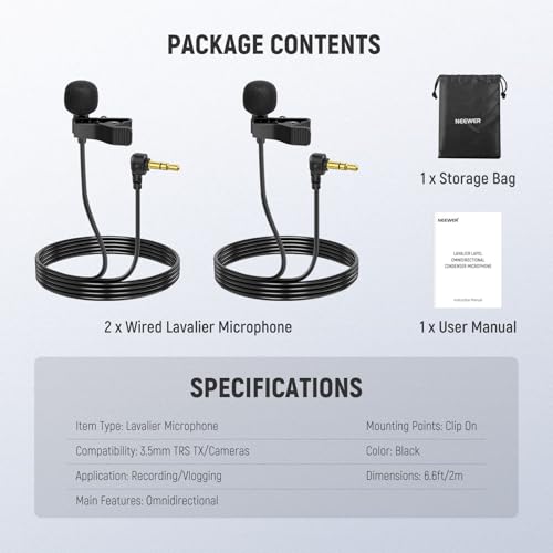 NEEWER Mini Lavalier Microphone (2 Pack), 6.6ft/2m Clip On Wired Condenser Lapel Mic with 3.5mm TRS Plug, Compatible with DJI Mic 2, Rode Wireless Go II, NEEWER CM28 CM31 Camera, LM5 - style: LM5