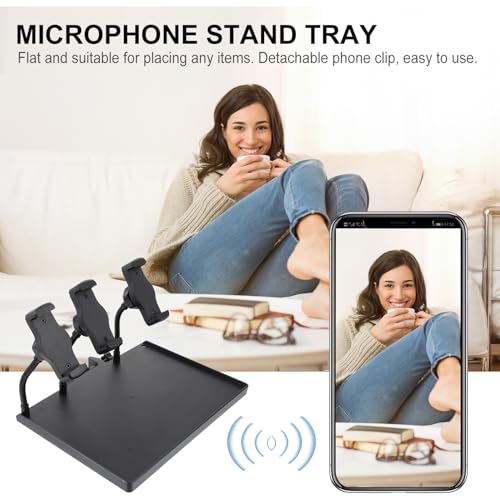 Healifty Clamp-on Microphone Stand Tray with Sound Card Bracket and Triple Phone Holder, Large 24×17.5cm Utility Shelf for Recording Studio and Live Streaming