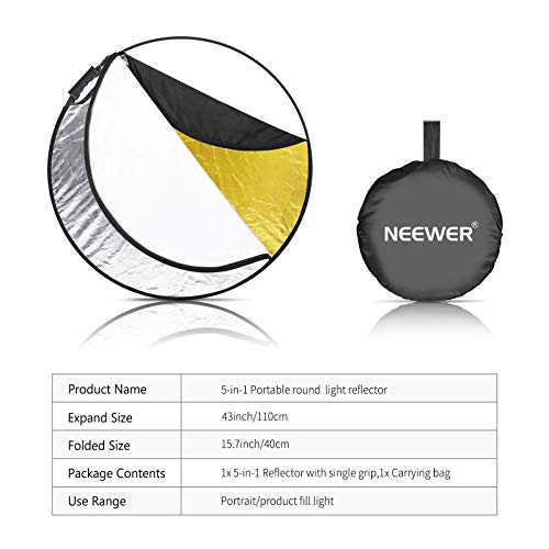 Neewer 5-in-1 Portable Round 43 in/110cm Light Reflector Collapsible Multi-Disc with Single Grip and Bag for Studio Photography Lighting and Outdoor Lighting - Gold/Silver/White/Black/Translucent - size: 110cm