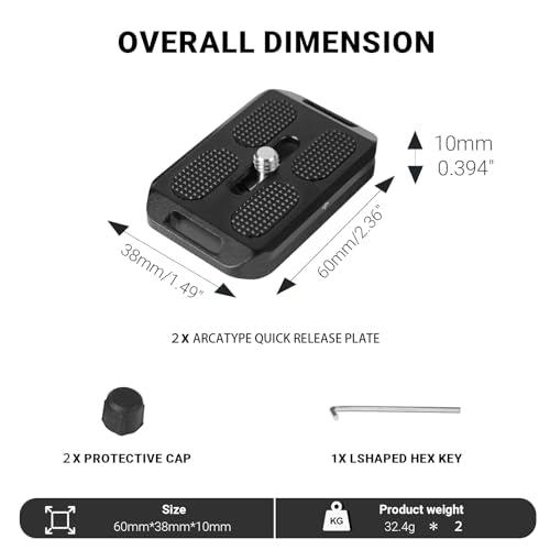 2 Pack Arca-Swiss Plate, Quick Release Plate Camera Mount, 38 * 60mm Arca-Swiss Mount Plate with Safety Pins, Lightweight Aluminum for Tripod/Monopod/Strap, 1/4" Screw Compatible Camera - size: 38mm*60mm