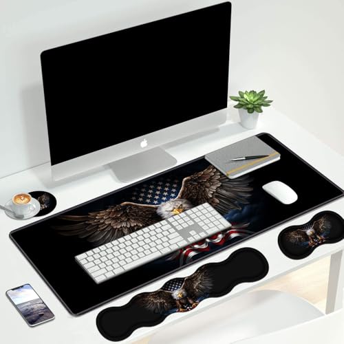 4 in 1 Ergonomic Keyboard Wrist Rest & Mouse Pad Wrist Rest Set, Large XXL Gaming Desk Mat 31.5"x 11.8" with Non-Slip Base, Memory Foam for Home Office Study Gaming, American Flag Bald Eagle - color: American Flag Bald Eagle