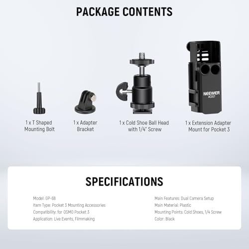 NEEWER Basics Pocket 3 Extension Adapter Mount Kit Compatible with DJI Osmo Pocket 3, Expansion Cage Frame, Dual Cam Setup with Cold Shoe for DSRL Digital Camera Vlogging, GP-68