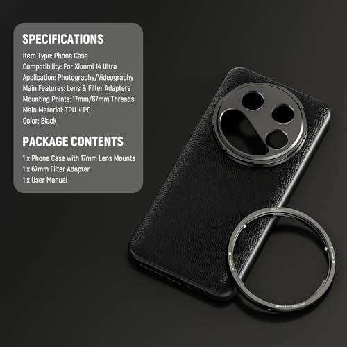 NEEWER 14 Ultra Case, Protective Heavy Duty Case with Wireless Charging, 17mm Lens Mounts & 67mm Filter Adapter, TPU + PC Faux Leather, Compatible with Xiaomi 14 Ultra, PA051 Black - style: Case for 14 Ultra