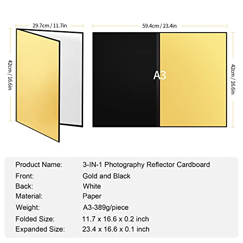 Meking 17" x 12"/43 x 30cm Light Reflector Photography Cardboard, 3-in-1 Studio Foldable Light Diffuser Board for Still Life Product and Food Photo Shooting - Gold, Black, White - color: A3-1 Pack Gold