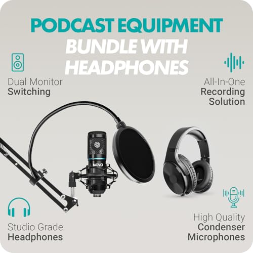 Movo PodKit2AH Podcast Equipment Bundle for 2 Condenser Microphone Kit with MDX-1 2x2 USB-C Audio Interface and Articulating Scissor Arm Mic Stand (with Headphones) - style: With Boom Arms