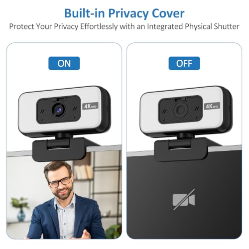 4K Webcam with AutoFocus, USB Plug and Play Webcam with Microphone for PC/Laptop, Privacy Cover, Brightness Adjust, Flip, Zoom for Video Meeting