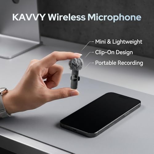 KAVVY Wireless Microphone for iPhone, Dual Mini Lavalier Mic, Clip On Wireless Mic for Video Recording, Podcast, TikTok & YouTube, Portable for Android, Camera & PC, Noise Reduction