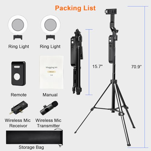 Vlogging Kit for iPhone/Andriod,70.9″ Auto Face Tracking Tipod | 360 rotatable selfie stick tripod, content creator essentials, yutube starter kit, gesture control ,with remote Mic and light - style: With K15 Mic