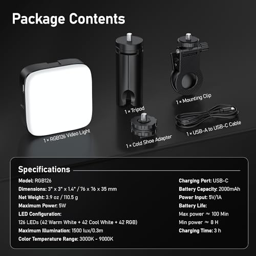 CYNOVA Magnetic RGB Video Light with Mini Desktop Tripod | Portable LED Camera Light 3000–9000K, 126 LEDs, Rechargeable Mini Panel for Vlogging, Live Streaming, Photography