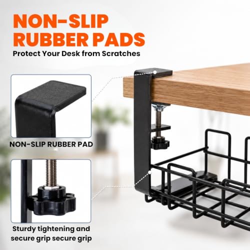 2 Pack Under Desk Cable Management Tray, No Drill Metal Cord Organizer with Clamp Mount, Wire Management Rack for Home Office PC Setup, Black