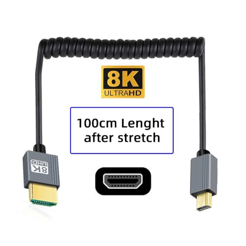 Cable Micro HDMI 2.1 Male to HDMI Male 8K 60hz Stretch Coiled Cable for HDTV Camera Laptop Monitor (100cm) - style: Micro HDMI Straight Type