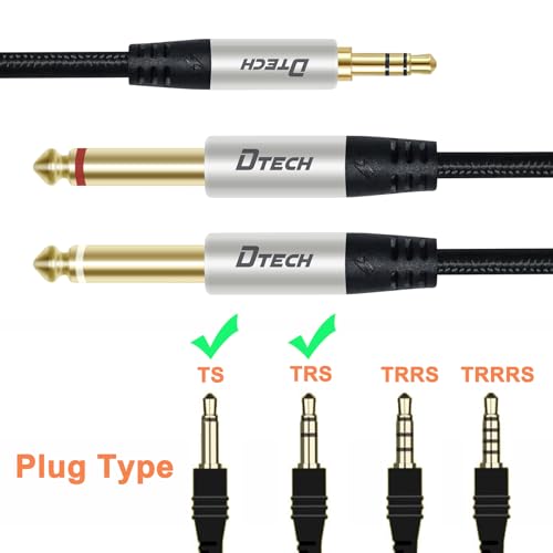 DTECH 5ft 3.5mm to 1/4 Adapter Audio Stereo Cable TRS 1/8 to Dual Quarter Inch TS 6.35mm Y Splitter Guitar AMP Aux Cord for Headphones Jack Laptop Speaker Phone Mixer - size: 5ft
