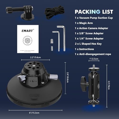 EMART Suction Cup Camera Mount with Adjustable Magic Arm, Metal 6" Suction Cup Mount Compatible with Camera, Action Cam, Phone, Universal 1/4"-3/8" Mount Holes for Windshield, Dash and Smooth Surface - size: 6 inch Magic Arm