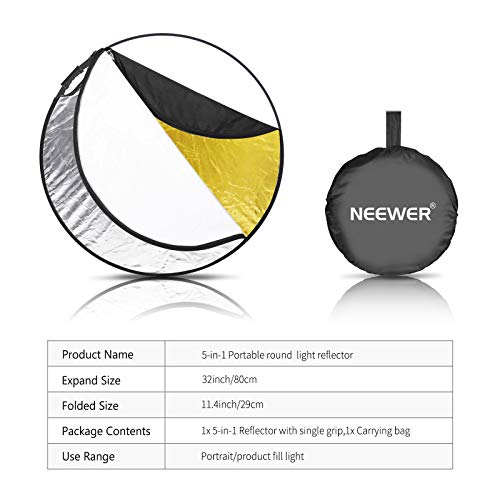 Neewer 5-in-1 Portable Round 32 in/80cm Light Reflector Collapsible Multi-Disc with Single Grip and Bag for Studio Photography Lighting and Outdoor Lighting - Gold/Silver/White/Black/Translucent - size: 80cm