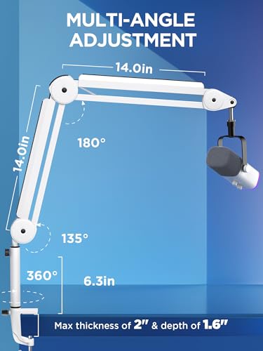 InnoGear Mic Boom Arm Microphone Stand Cable Management for Blue Yeti FIFINE AM8 K669B HyperX QuadCast S SoloCast AT2020 and Other Microphone, White - color: White, style: Standard Clamp