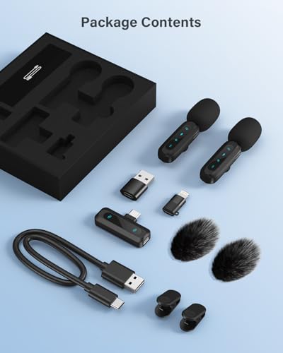 2026 Upgraded Wireless Lavalier Microphone, 2-Pack Mini Lapel Mic with Noise Reduction, USB-C, Lightning and USB-A Adapters for iPhone, Android, iPad, Laptop, Video Recording, Podcast, TikTok, YouTube