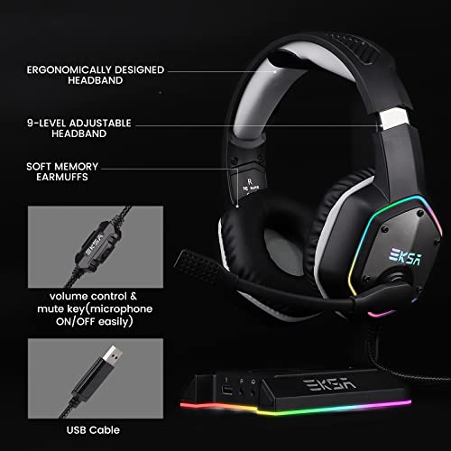 EKSA E1000 USB Gaming Headset for PC, Computer Headphones with Microphone/Mic Noise Cancelling, 7.1 Surround Sound, RGB Light - Wired Headphones for PS4, PS5 Console, Laptop, Call Center - color: Grey