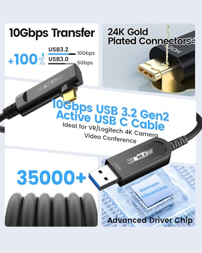 GeoHN.G USB A to USB C Fiber Optic Extension Cable 10M/33FT, Right Angle USB 3.2 10Gbps Long Distance Active Optical USB C Cable for VR/AR, Quest2, Webcam, Camera, Mini PC and More - style: 10M-Right 90°