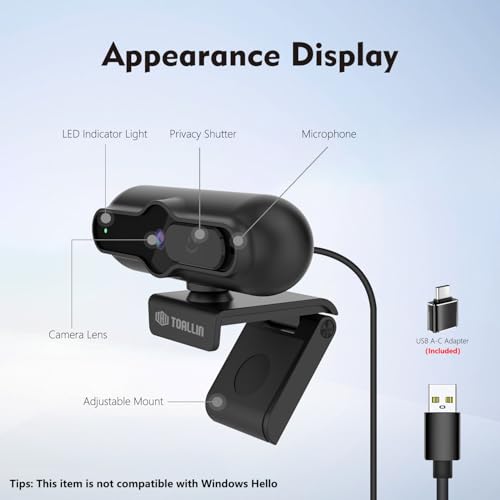 TOALLIN 4K Webcam for PC, 1080P@60FPS, PDAF Autofocus, 1/2.5" Sensor & 12MP, Built-in Mic, Sliding Privacy Cover, USB Web Camera for Streaming, Gaming, Conferencing and Video Calls