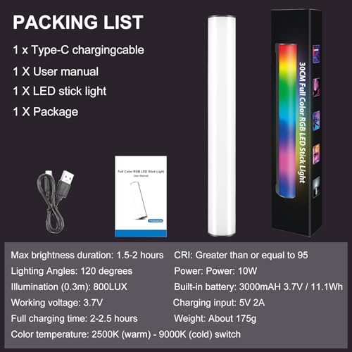 114 LEDs RGB Video Light Wand, Magnetic Handheld Magnetic Tube Light 2500K-9000K CCT & 20 Scene Modes with 3000mAh Battery, 95+ CRI, 120° Beam Angle for Photography YouTube TikTok Vlog - size: 11.8 inch