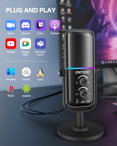 CMTECK USB Microphone for PC, PS4/PS5, Laptop – Computer Microphone with RGB Lighting, Mute Button, Mic Gain, Plug & Play, 3 Sound Modes for Streaming, Podcasting, Recording
