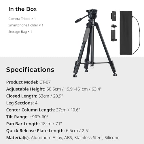 SmallRig CT-07 Aluminum Camera Tripod Stand, 63.4" Travel Tripod for iPhone and Cameras, Phone Tripods with Quick-Switch Vertical/Horizontal Mount, Adjustable Angles & Max. 4kg Load