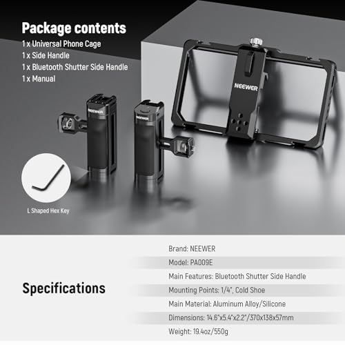 NEEWER Universal Phone Cage Video Rig with Bluetooth Shutter Side Handle Comfort Grips, Smartphone Stabilizer for Video Recording Compatible with iPhone 16 15 Pro Max 15 Pro Galaxy S24 Ultra, PA009E