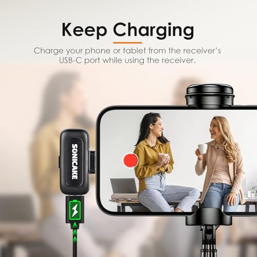 SONICAKE Wireless Mini Microphone for iPhone & Android,Mini Lavalier Microphone - Noise Reduction Lapel Mic,Clip-on Mini Mic with USB-C for Video Recording YouTube TikTok Podcast Content Creators