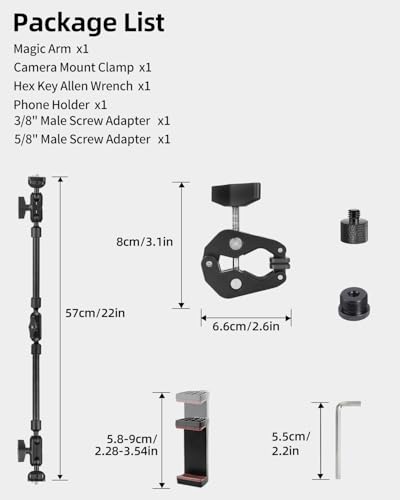 22" Magic Arm w Clamp, Overhead Phone Mount, Desk Camera Mount w Articulating Friction Boom Arm Thread Adapter, for Phone Video Light Webcam Microphone Action Camera Content Creators - size: 22IN-BK