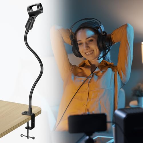QWORK Gooseneck Microphone Stand 13 Inch, Clamp-On Desktop Mic Stand with 360° Flexible Arm, Heavy-Duty Desk Mount, 3/8" to 5/8" Adapter & Mic Clip for Podcasting, Streaming, Podium