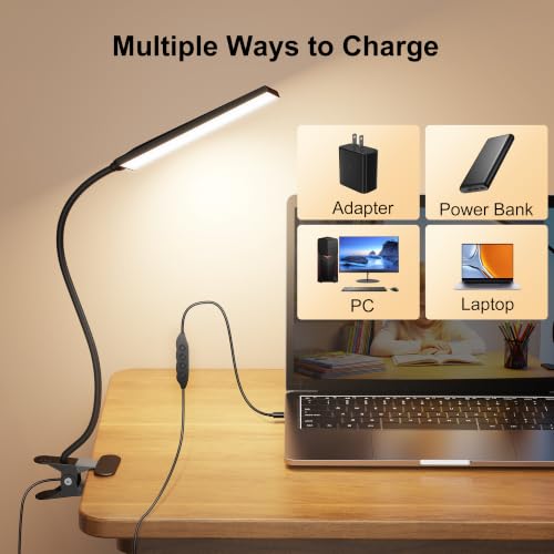 Vansuny Clip on Light LED Desk Lamp with Eye-Caring LED Light and Metal Clip, 6 Level Brightness 3 Color Modes, Power by USB Port 5W Adjustable Neck Reading Lamp for Home and Office (5W, Black) - color: Black