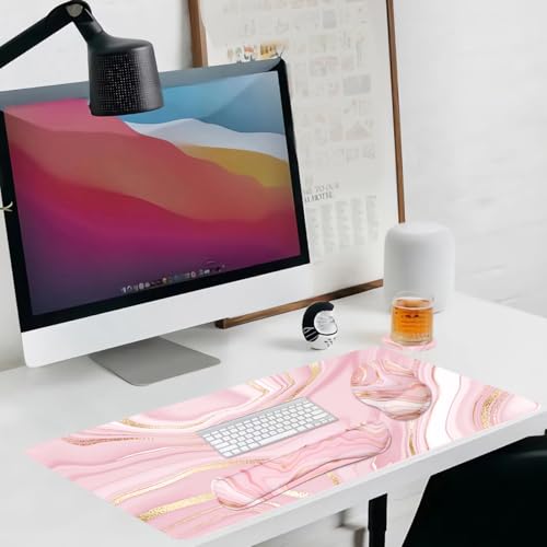 4-in-1 Gaming Mouse Pad Wrist Support Set,Desk Pad + Mouse Pad with Wrist Rest + Keyboard Wrist Rest + Coaster, Ergonomic Design for Home Office Study Game - Pink Fluid - color: 4 Pcs Pink Marble