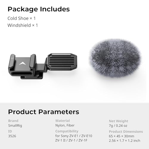 SmallRig Cold Shoe Adapter with Wind Muff Windshield for Sony ZV-1F / ZV-E10 / ZV-1 / ZV-E1 / ZV-1 II, Wind Furry for Light Microphone Attachment - 3526