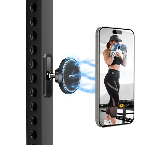 APPS2Car Magnetic Phone Holder for Gym, Alloy Base & Ball Joint, Attach to Metal Surfaces, Dual Magnet Phone Mount for MagSafe iPhone 12-17 Series, Black - color: Black