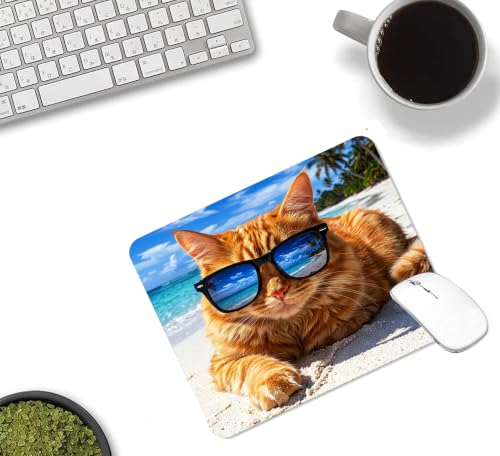 Cat Lovers Gifts Sunshine Beach Cat Cute Mouse Mat, Waterproof Non Slip Rubber Base Mouse Pad for Office Laptop, 9.5x7.9x0.12 Inch - color: Cat With Glass